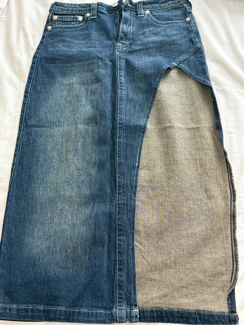 True Religion Dark Blue Denim Maxi Skirt with Front Slit